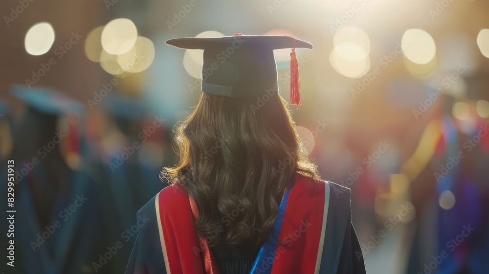 Back view of a graduate student wearing a cap and gown, celebrating ...