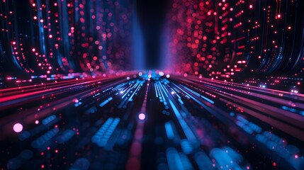 Poster - dazzling futuristic corridor of luminous pulsing energy and vibrant digital particles flowing throug