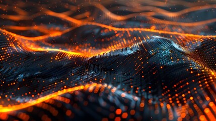 Poster - digital waves of luminous particles flowing through a futuristic landscape