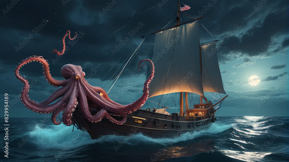 Sail boat in the sea with fantasy kraken tentacles at night. A ...