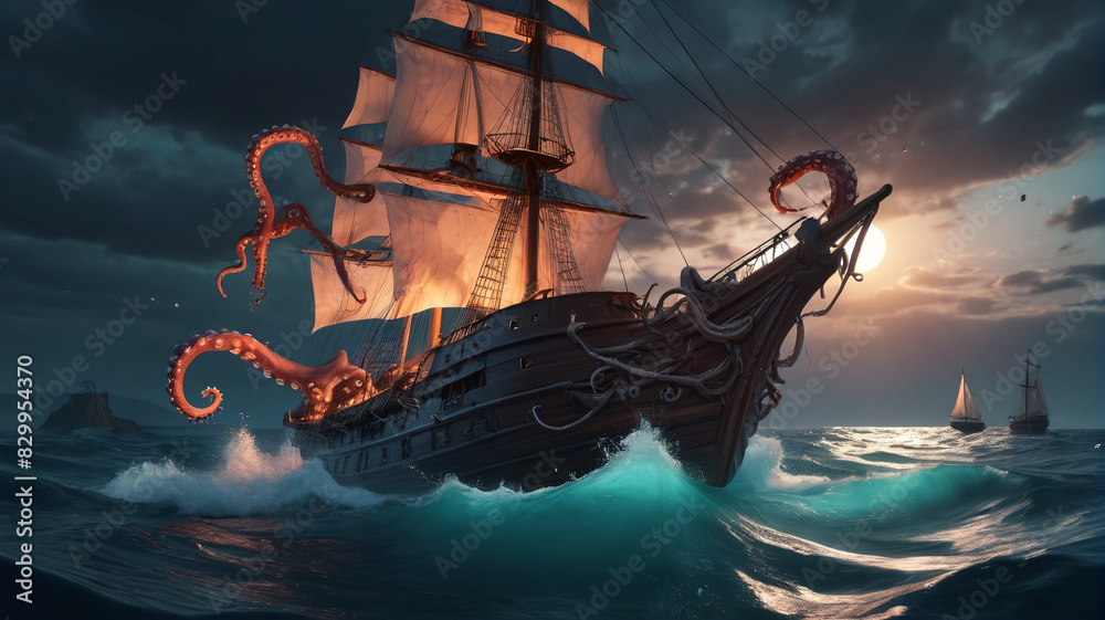 Sail boat in the sea with fantasy kraken tentacles at night. A ...