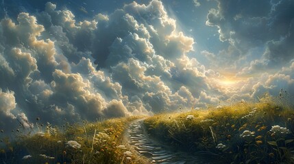 Wall Mural - Staircase to heaven, fairy-tale landscape, puffy white clouds, light in the distance.