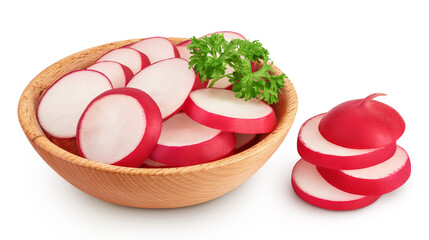 Wall Mural - Radish slices in wooden bowl isolated on white background with full depth of field