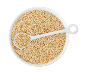 Wall Mural - Sesame seeds in ceramic bowl isolated on white background. Top view. Flat lay