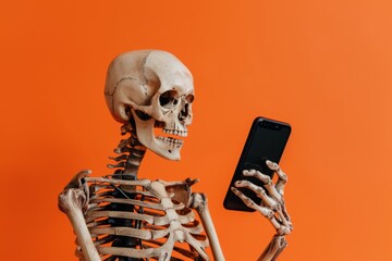 Skeleton holding and looking at smartphone against an orange background, showcasing a unique and humorous concept.