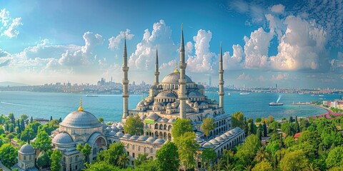 Blue Mosque in Istanbul Turkey skyline panoramic view