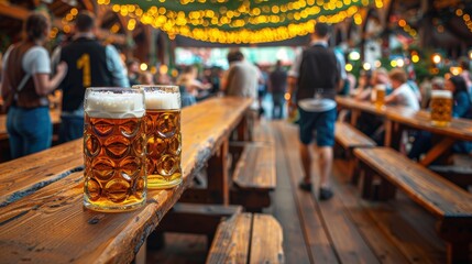 Wall Mural - Oktoberfest, munich. Beer mugs on table, People drinking beer and having fun, tent interior.