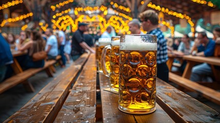 Wall Mural - Oktoberfest, munich. Beer mugs on table, People drinking beer and having fun, tent interior.