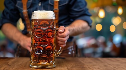 Wall Mural - Oktoberfest, munich. Beer mugs on table, People drinking beer and having fun, tent interior.