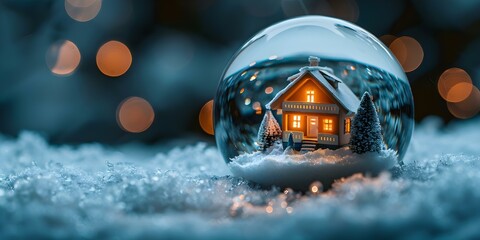 A miniature winter house inside a glass ball against a dark background symbolizing real estate concepts. Concept Real Estate Photography, Winter House, Glass Ball, Symbolism, Dark Background