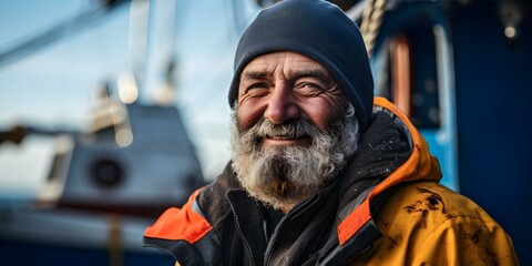 Portrait of elderly fisherman with a smile at the fishing boat dock. Concept Portrait Photography, Elderly Subjects, Fishing Boat, Dock Setting, Smiling Expression