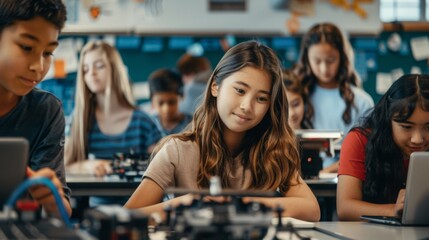 Inclusive technology education workshop, showcasing a diverse group of students learning coding or robotics, in a classroom with modern tech equipment, emphasizing equal access to STEM education 