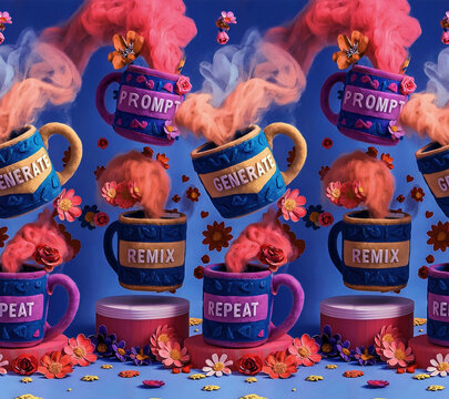A captivating 3D/4D digital illustration featuring four colorful, ornate felt mugs, each adorned with a heart and displaying bold text: