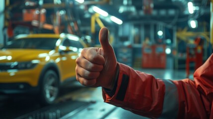 A mechanic's hand offering a thumbs-up gesture while holding a customer service guarantee card, with a backdrop of a modern auto repair facility, 