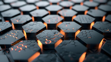 Poster - Hexagonal abstract metal background with light. Generative AI.