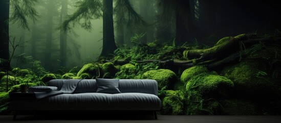 Poster - The dark forest background with green moss provides a perfect backdrop for displaying products in a copy space image