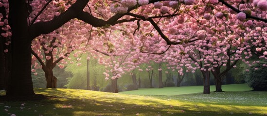 Poster - A copy space image featuring pink cherry flowers blooming against a backdrop of lush green trees