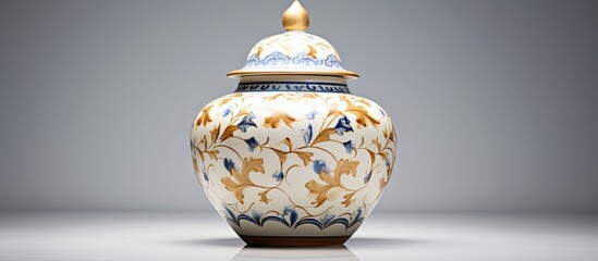 Aufkleber - On a white background there is an exquisite antique ceramic jar and its lid providing ample copy space in the image
