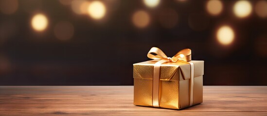 Poster - A gold gift box is placed on a wooden table creating a visually appealing arrangement with additional empty space for showcasing another image
