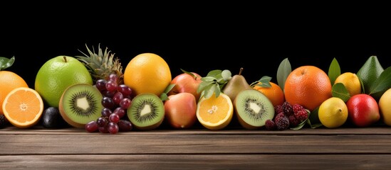 Aufkleber - A copy space image featuring a delicious assortment of fruits including oranges kiwis apples and limes arranged on a wooden table Promoting the concept of healthy eating