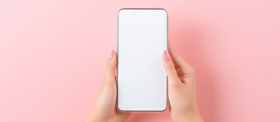 Leinwandbilder - Excited Asian lady holding vertical smartphone with a blank screen presenting display Pink wall serves as copy space image