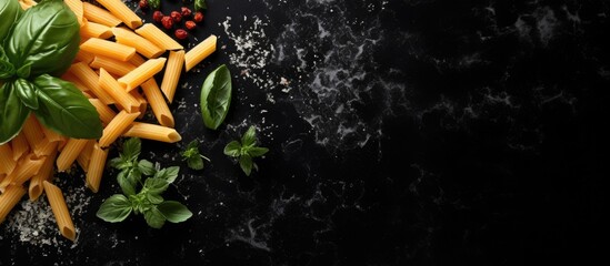 Poster - A high angle shot of penne pasta with parmesan cheese and basil leaves on a black marble surface featuring copy space for an image