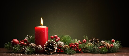 Poster - A festive Christmas candle adorned with evergreen branches berries and pinecones creating a stunning copy space image 107 characters