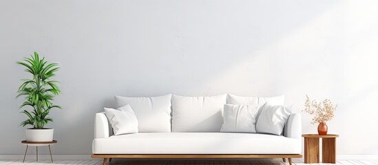 Poster - Bright living room interior with a white couch knot pillow and wooden furniture creating an urban jungle vibe Empty wall offers copy space for decorations