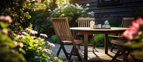 Aufkleber - A cozy garden setting with a timber outdoor table and chairs providing a perfect spot for relaxation and enjoyment of the outdoors with ample copy space image opportunities