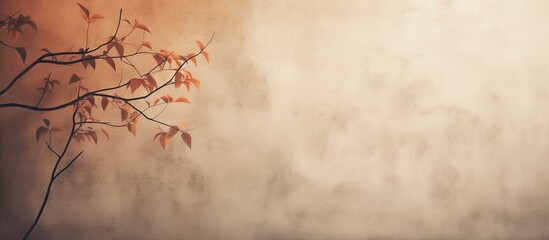 Poster - The abstract tree casts leaf shaped shadows on a textured wall The wall is brown with roughness and irregularities The image has trendy colored nature concept background and provides copy space for t