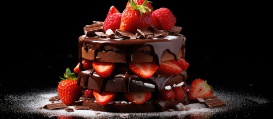 Wall Mural - A layered cake with three different types of chocolate souffle adorned with strawberries on a black background A confectionery background with plenty of copy space for your design needs