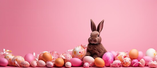 Poster - A festive arrangement of chocolate Easter bunny eggs and candies on a vibrant pink background with ample room for adding text