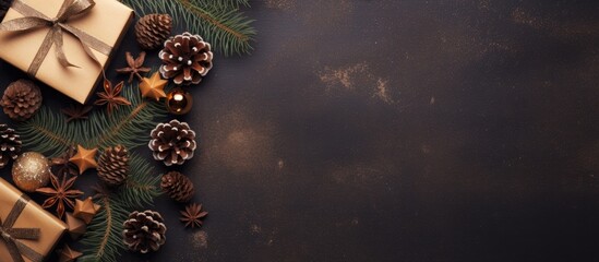 Poster - Flat lay copy space image of a Christmas composition with a festive tree adorned with pine cones star anise and surrounded by cardboard boxes There are also gifts and fir branches in the scene