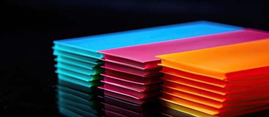 Poster - A close up look at vibrantly colored stamping pads against a black background with plenty of empty space for text or other elements. with copy space image. Place for adding text or design