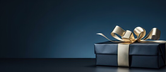 Poster - A monochrome side view image of a small luxury gift box with a blue bow on a dark blue background Suitable for Father s Day Valentine s Day corporate gifting birthdays or festive sales Generous copy s