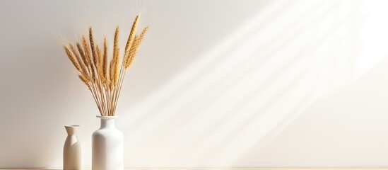 Poster - A minimalistic home decoration with a bottle displaying a bouquet of wheat spikelets on a table The light casts strong shadows emphasizing the empty white frame for text Perfect for showcasing a copy