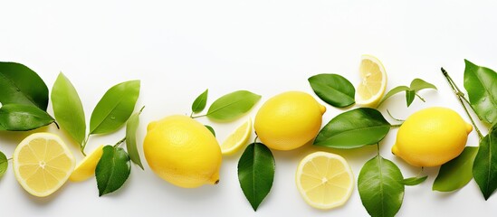 Wall Mural - A fresh and artistic arrangement of lemon slices and vibrant green leaves on a clean white background forming an appealing copy space image
