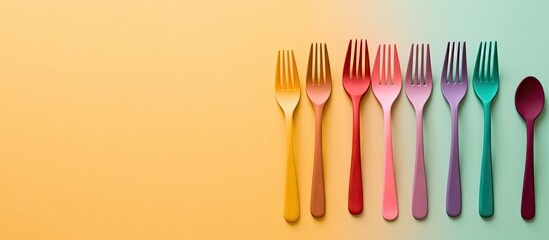 Poster - Colorful spoon and fork element arranged on a table from a top down perspective creating an appealing flat lay design with ample copy space image