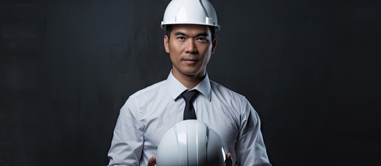 Poster - Asian engineer man in a white shirt holding a helmet facing the camera in a portrait. with copy space image. Place for adding text or design
