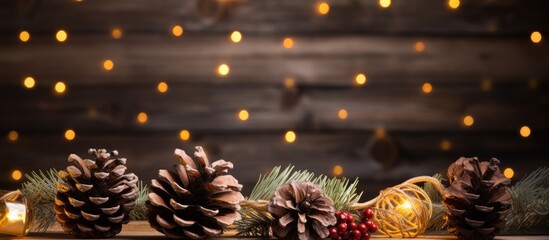 Poster - A festive Christmas arrangement featuring fir cones and lights adorning weathered wooden planks with plenty of copy space image