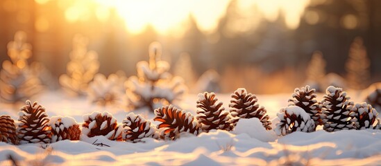 Poster - Copy space image of a closeup macro shot capturing the beauty of snow covered small pine cones under a winter sunset on the French Alps