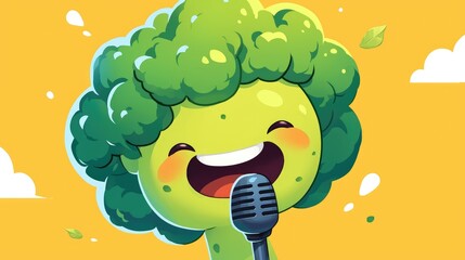 Wall Mural - A charming cartoon broccoli emoji belts out a tune into the microphone with a big smile on its face