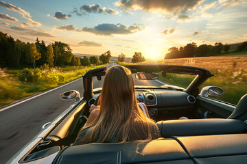 summer, vacation and travel concept, back view of young woman driving cabriolet car