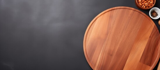 Poster - A close up top view of a wooden cutting board with a round shape placed on a gray background accompanied by kitchenware Copy space image