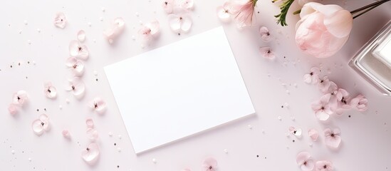 Poster - A feminine blog postcard with a beauty blogger s minimal women desk concept It features a flat lay of sparkles a blank paper card for copy space and a mock up template
