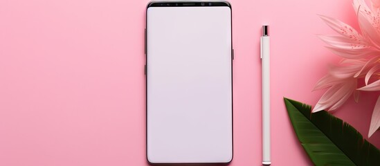 Aufkleber - A white notepad pen and smartphone are placed on a pink background providing ample copy space in the image