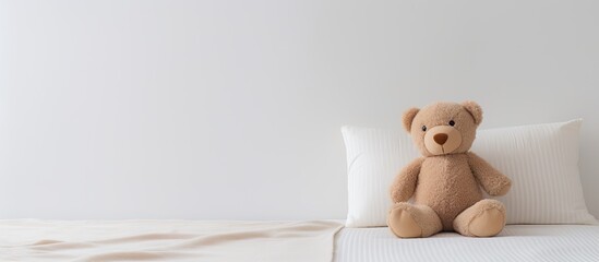 Poster - A lonely teddy bear depicting waiting and loneliness rests on a bed It symbolizes the concept of hide and seek in a relationship representing love This cute toy can be used as a copy space image for d