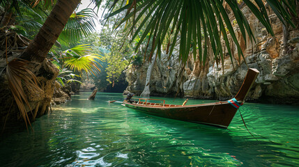 Wall Mural - A boat is floating near a palm tree in the water. Suitable for travel brochures, and holiday promotions