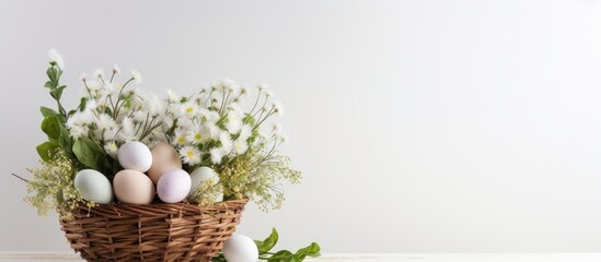 Poster - An Easter themed arrangement featuring a wicker basket filled with rabbit and white chicken eggs set against a light background with copy space