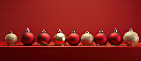 Poster - A festive arrangement of Christmas tree ornaments against a red backdrop with plenty of copy space for an image